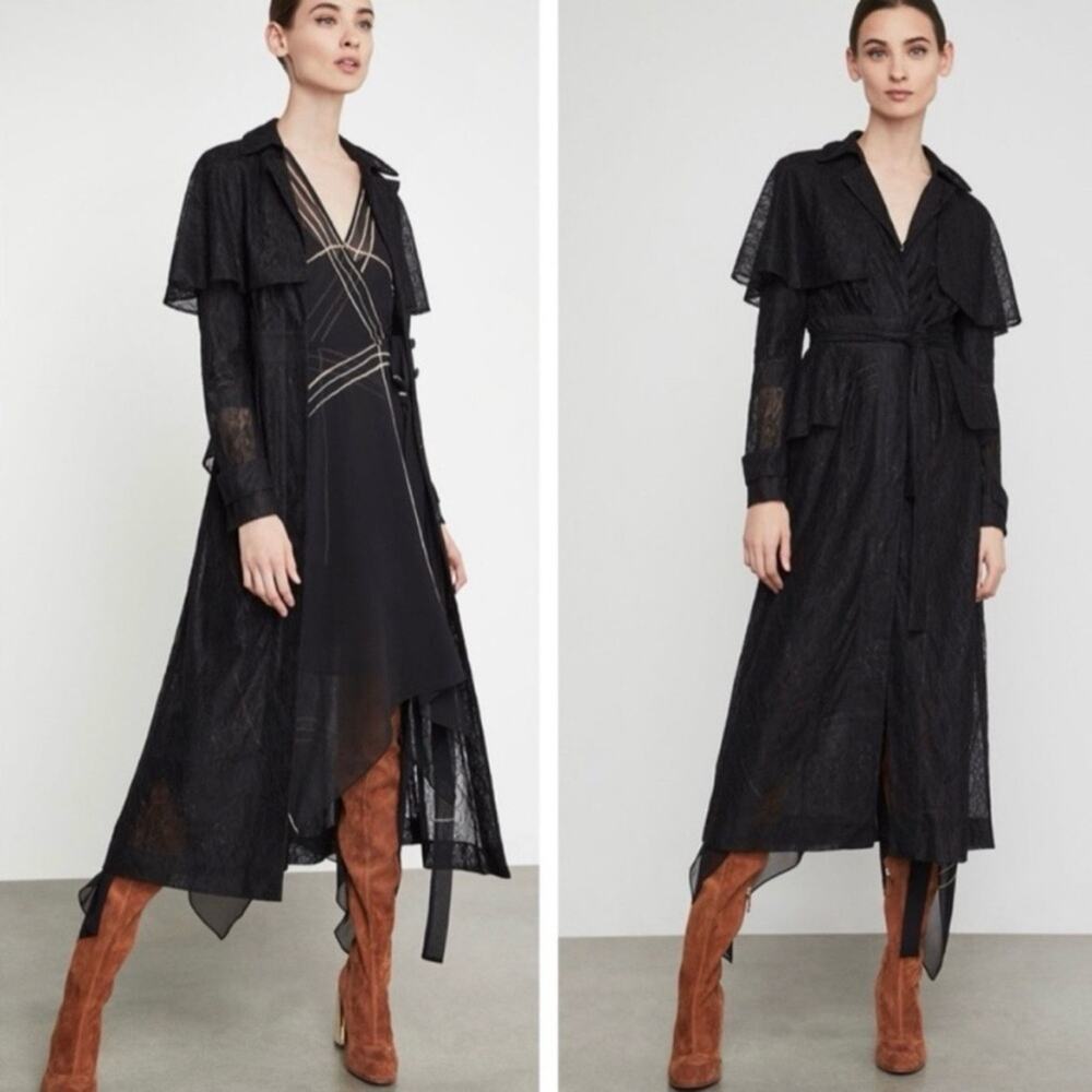 BCBGMaxAzria Black Lace Peplum Long Trench, Size XS